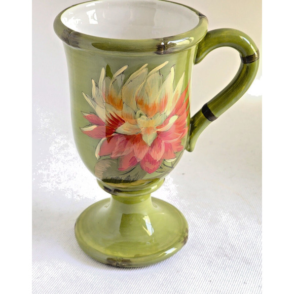 MUG WITH PEDESTAL FOOT-RAYMOND WAITES-Green-Orange Yellow Flower-Holds 12 oz - Picture 3 of 7
